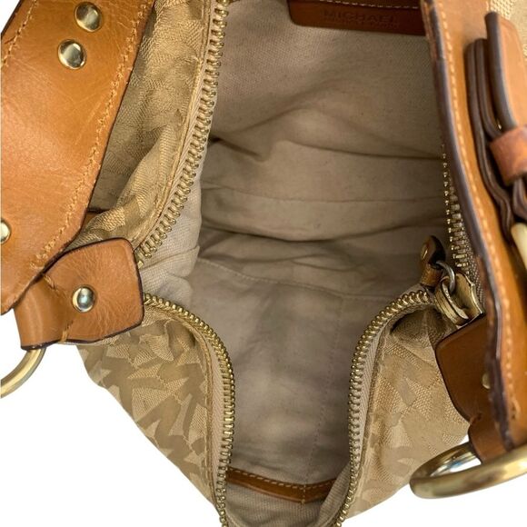 Michael Kors Canvas Hobo Shoulder Bag Tan MK Logo Gold Hardware Leather Trim - Picture 6 of 12